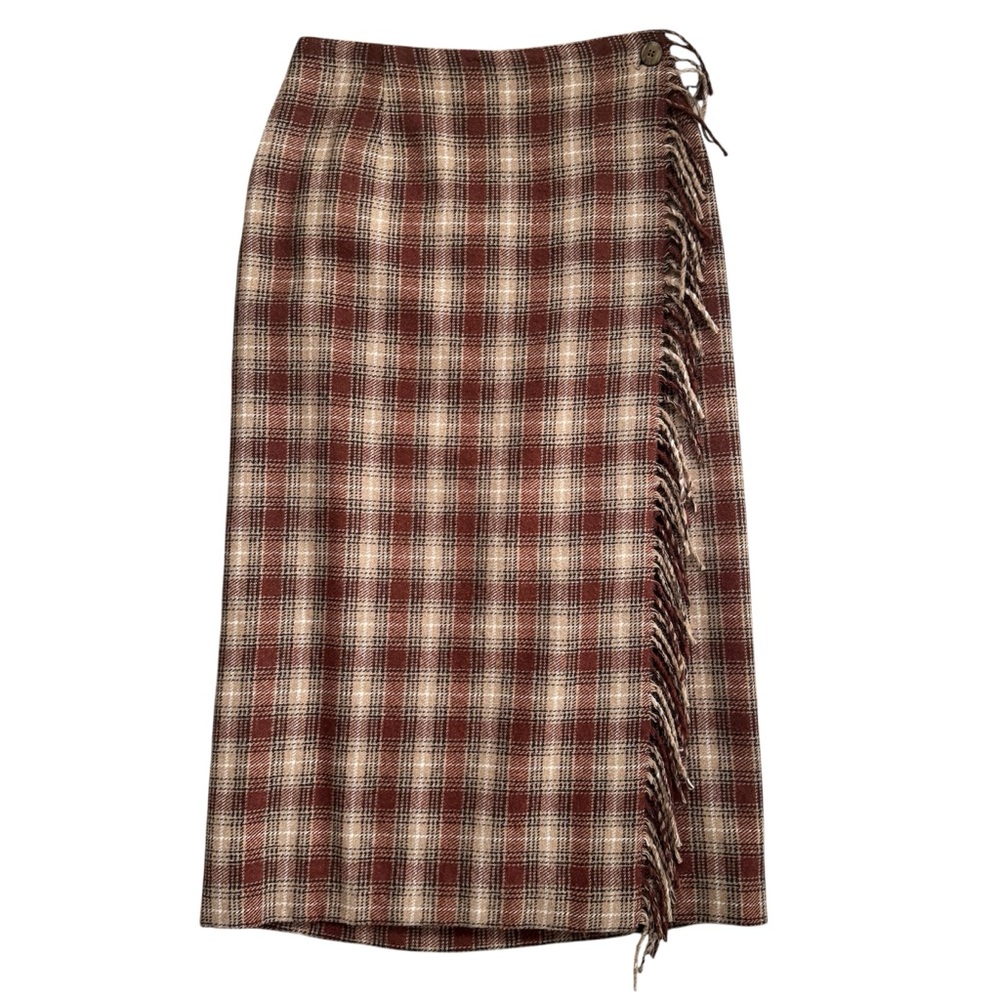 Daniel Hechter Plaid Fringe Wrap Midi Skirt, Brown/Beige, Wool Blend, Size 6 (S) - Picture 3 of 12